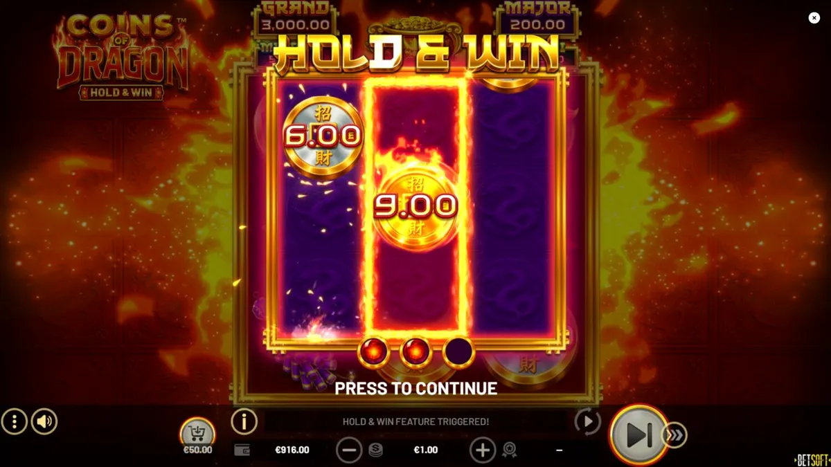 Interface do jogo Coins of Dragon – Hold & Win com tema oriental e dragão dourado