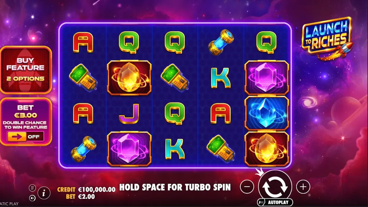 Interface futurista do slot Launch to Riches com foguetes e cristais espaciais